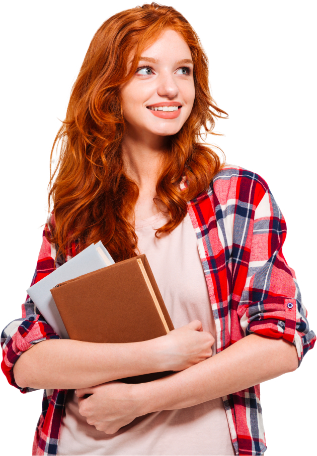 Red-headed woman holding books.