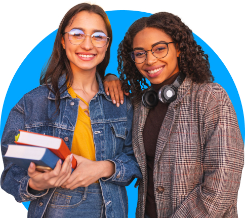 Two students holding books.